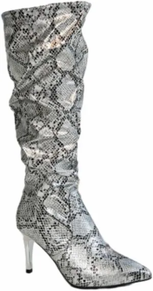 SACFOF Snakeskin Boots Knee High Boots for Women Sexy Stylish Exquisite Pointed Toe Stiletto High Heels Pleated Western Boots