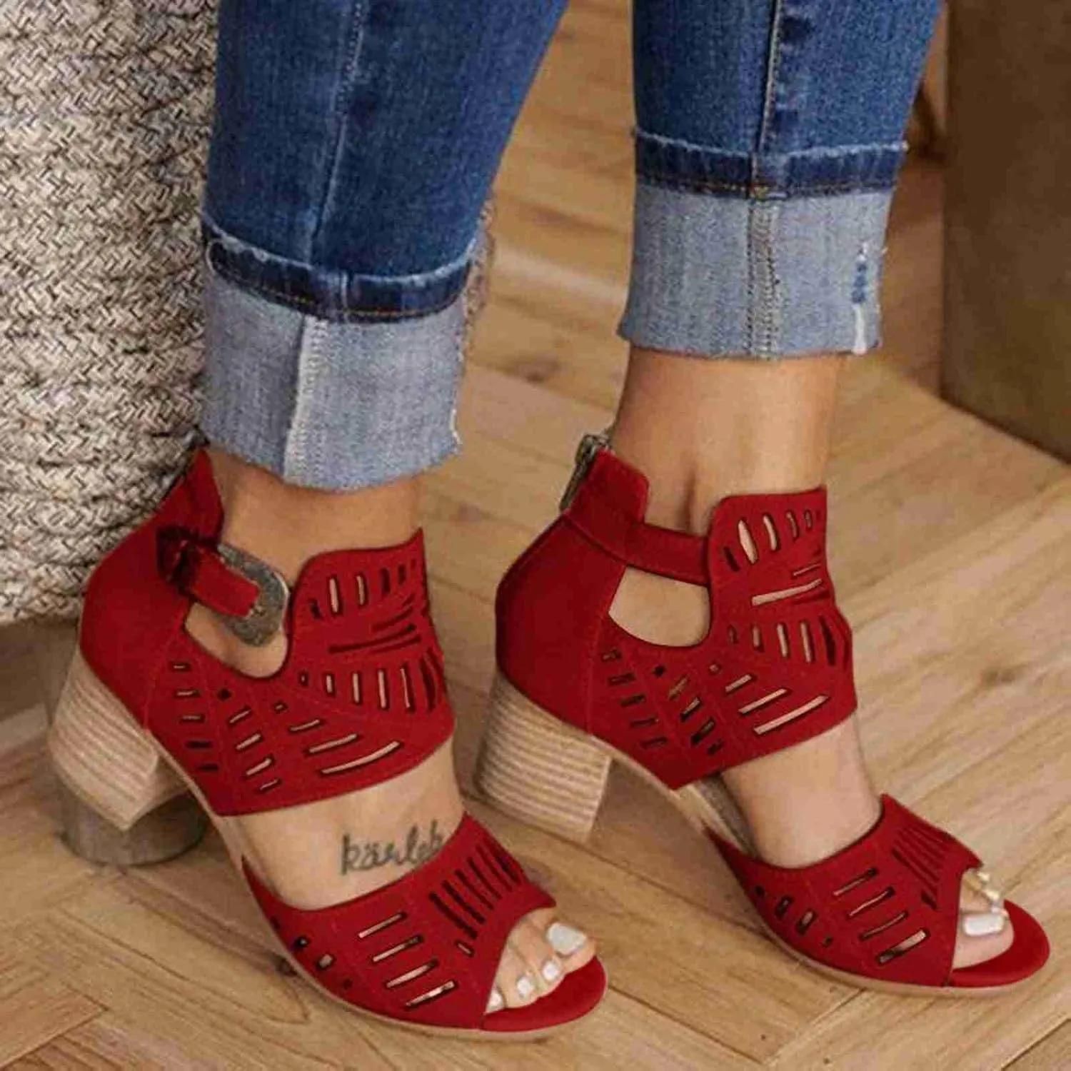 SACFOF Womens Peep Toe Sandals,Summer Buckle Cutout Low Heeled Sandals Dressy Ankle Strap Sandals with Back Zipper