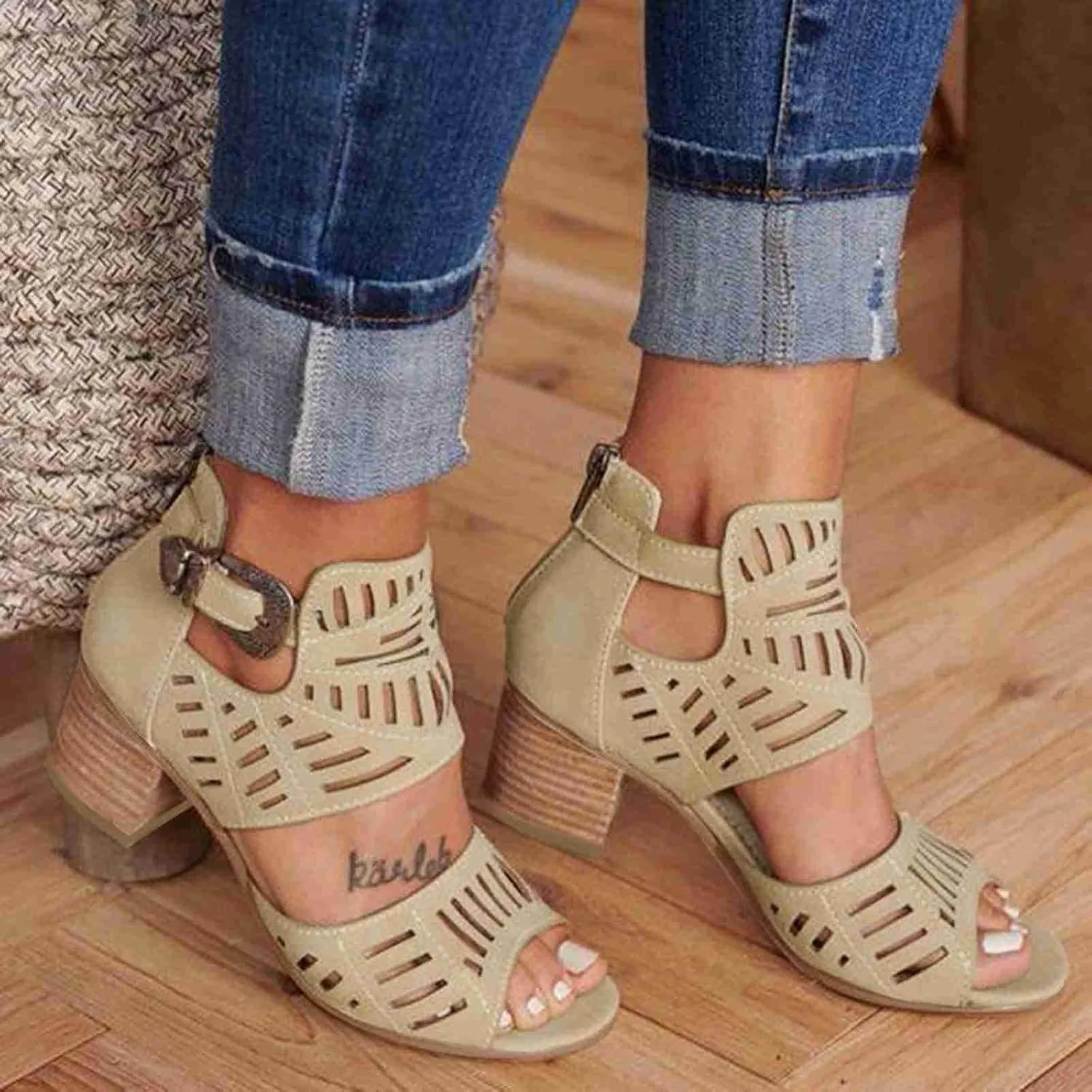 SACFOF Womens Peep Toe Sandals,Summer Buckle Cutout Low Heeled Sandals Dressy Ankle Strap Sandals with Back Zipper