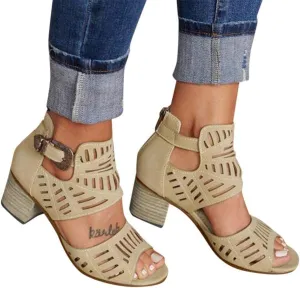 SACFOF Womens Peep Toe Sandals,Summer Buckle Cutout Low Heeled Sandals Dressy Ankle Strap Sandals with Back Zipper