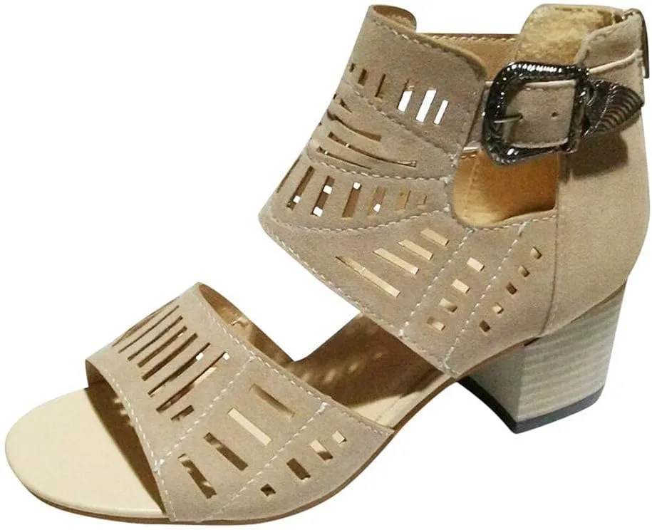 SACFOF Womens Peep Toe Sandals,Summer Buckle Cutout Low Heeled Sandals Dressy Ankle Strap Sandals with Back Zipper