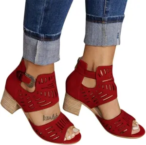 SACFOF Womens Peep Toe Sandals,Summer Buckle Cutout Low Heeled Sandals Dressy Ankle Strap Sandals with Back Zipper