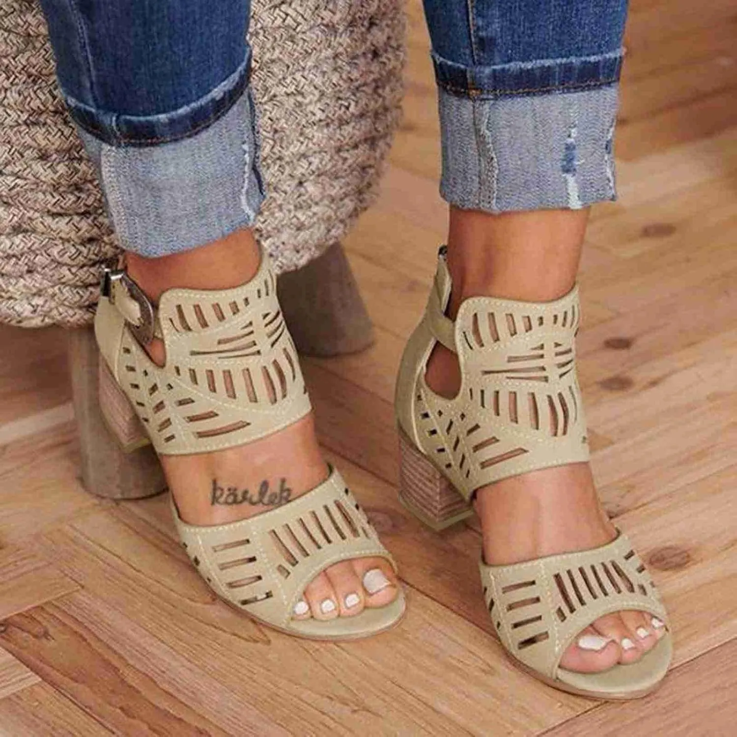 SACFOF Womens Peep Toe Sandals,Summer Buckle Cutout Low Heeled Sandals Dressy Ankle Strap Sandals with Back Zipper