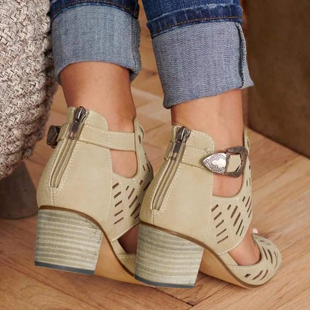 SACFOF Womens Peep Toe Sandals,Summer Buckle Cutout Low Heeled Sandals Dressy Ankle Strap Sandals with Back Zipper