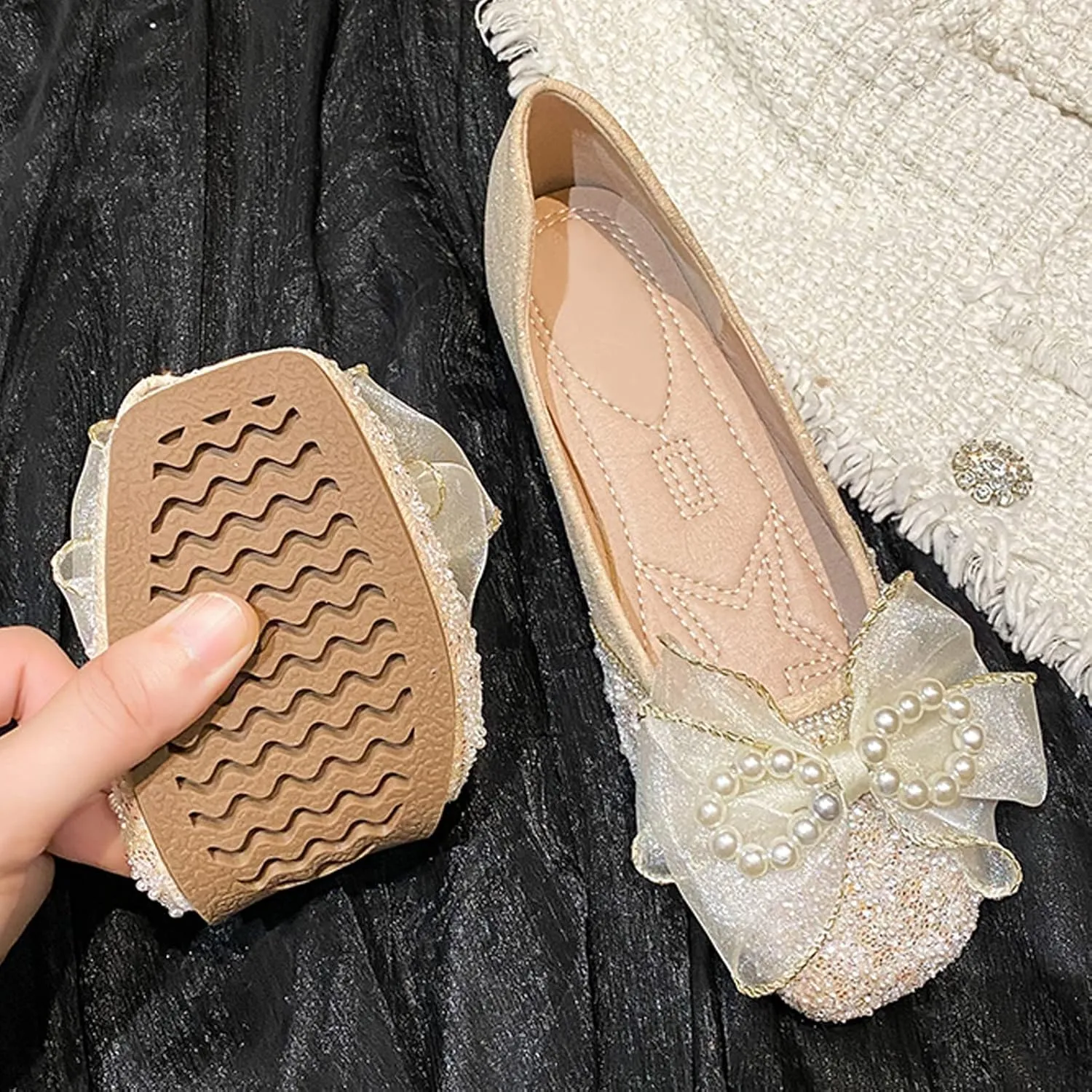 SAILING LU Square Toe Flats Shoes Rhinestoned Bowknots Ballet Flats for Women Studded Dress Shoes Comfort Light Weight Loafers