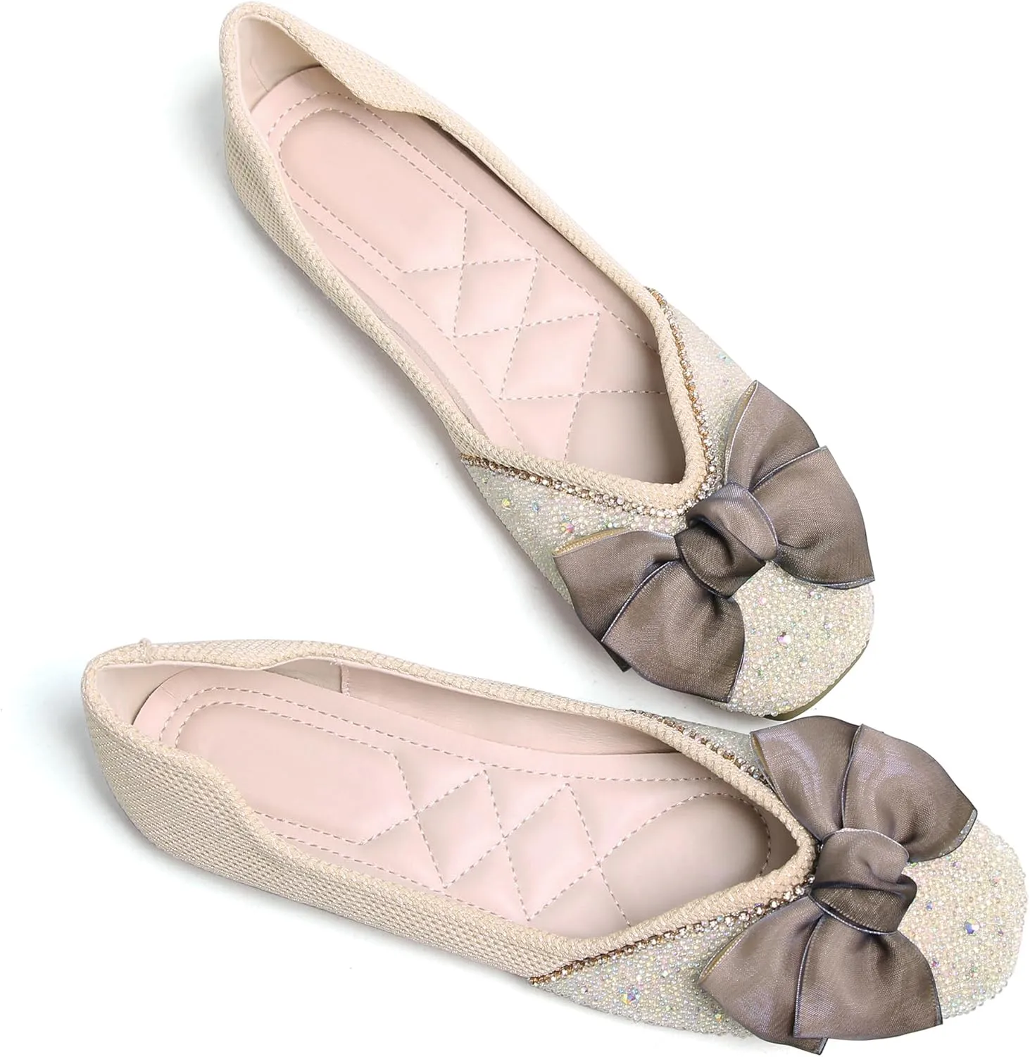 SAILING LU Square Toe Flats Shoes Rhinestoned Bowknots Ballet Flats for Women Studded Dress Shoes Comfort Light Weight Loafers
