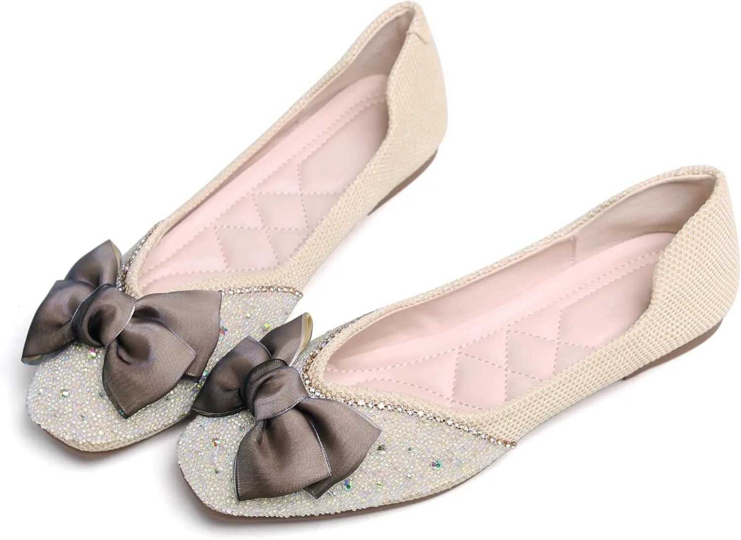 SAILING LU Square Toe Flats Shoes Rhinestoned Bowknots Ballet Flats for Women Studded Dress Shoes Comfort Light Weight Loafers