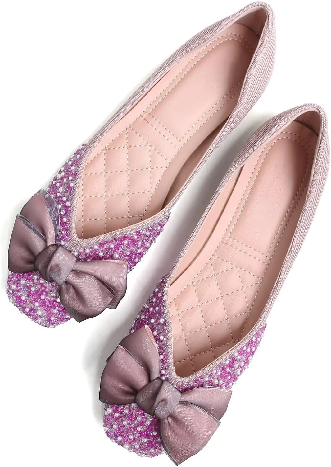SAILING LU Square Toe Flats Shoes Rhinestoned Bowknots Ballet Flats for Women Studded Dress Shoes Comfort Light Weight Loafers