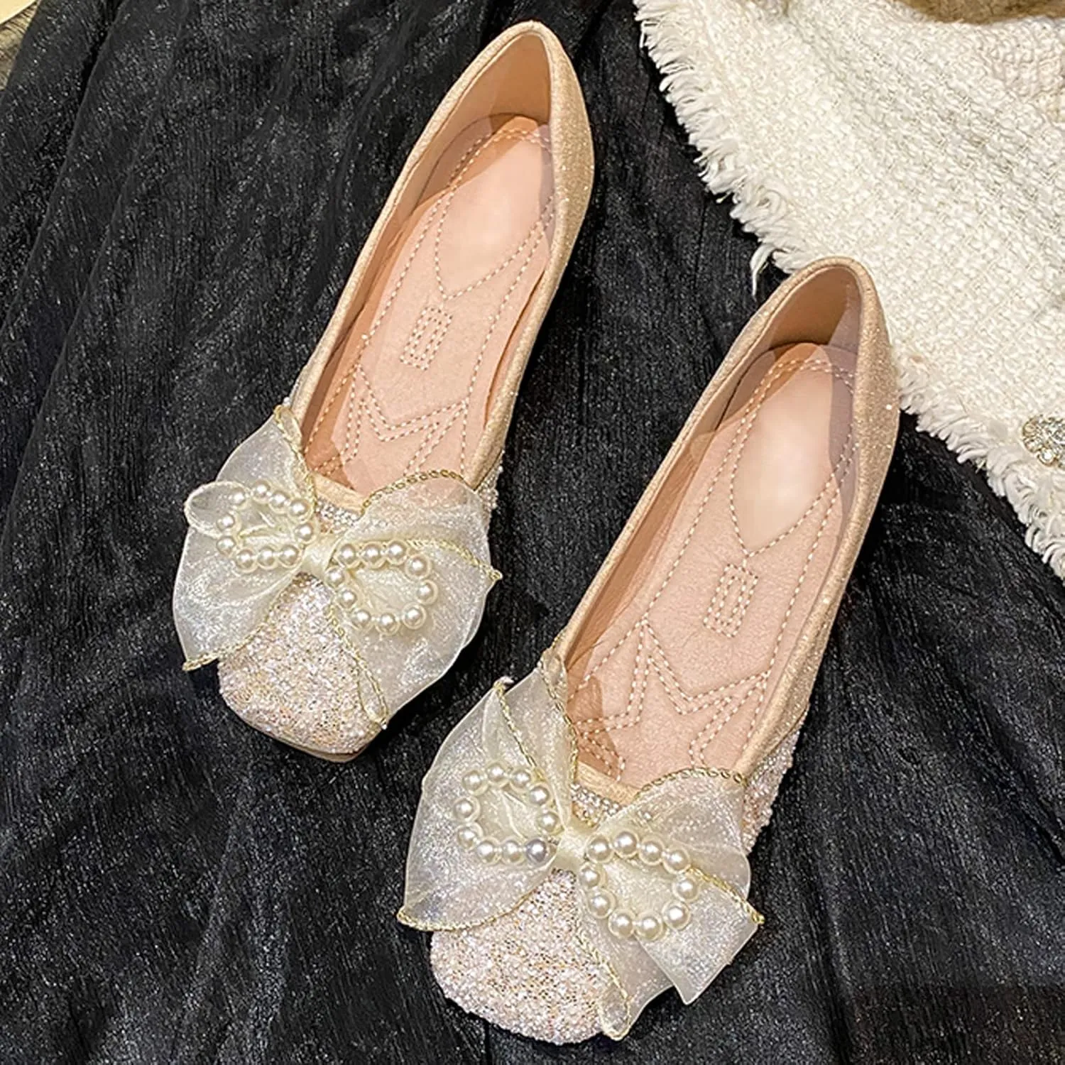 SAILING LU Square Toe Flats Shoes Rhinestoned Bowknots Ballet Flats for Women Studded Dress Shoes Comfort Light Weight Loafers
