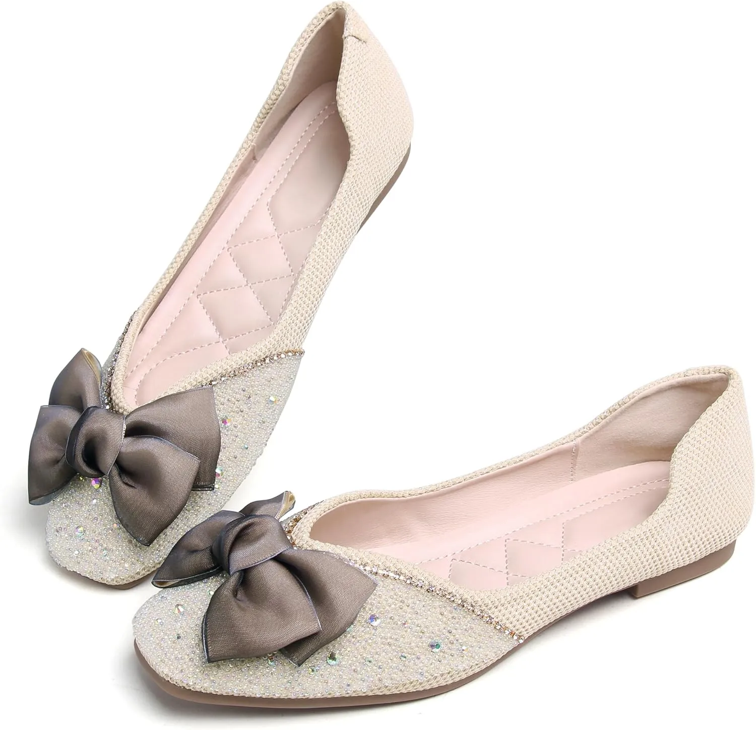 SAILING LU Square Toe Flats Shoes Rhinestoned Bowknots Ballet Flats for Women Studded Dress Shoes Comfort Light Weight Loafers