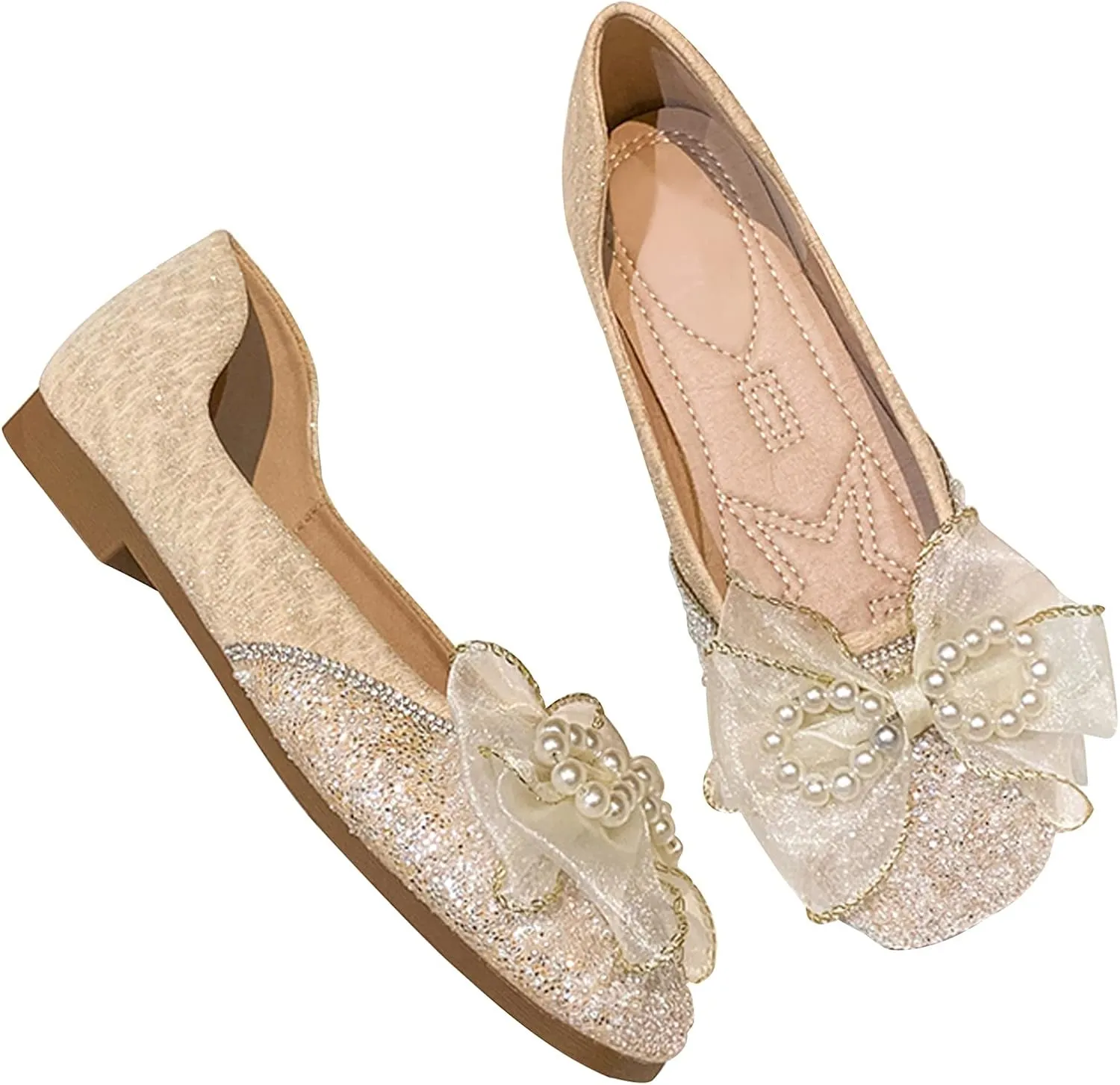 SAILING LU Square Toe Flats Shoes Rhinestoned Bowknots Ballet Flats for Women Studded Dress Shoes Comfort Light Weight Loafers