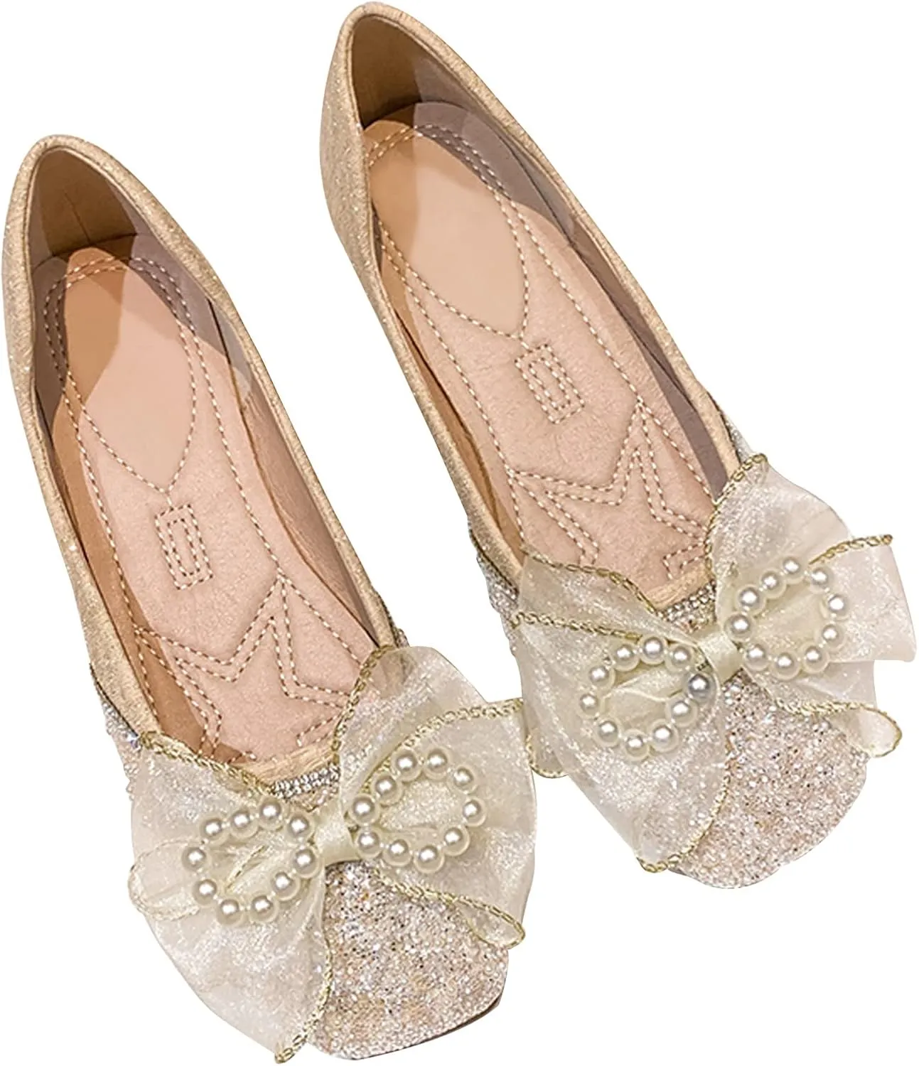 SAILING LU Square Toe Flats Shoes Rhinestoned Bowknots Ballet Flats for Women Studded Dress Shoes Comfort Light Weight Loafers