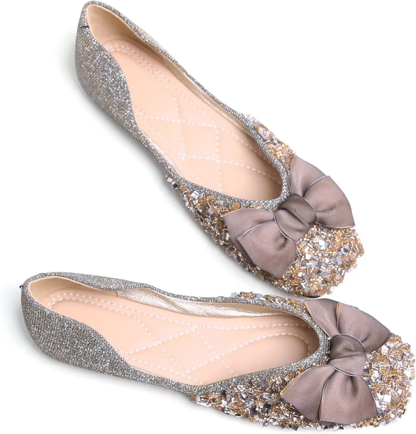 SAILING LU Square Toe Flats Shoes Rhinestoned Bowknots Ballet Flats for Women Studded Dress Shoes Comfort Light Weight Loafers
