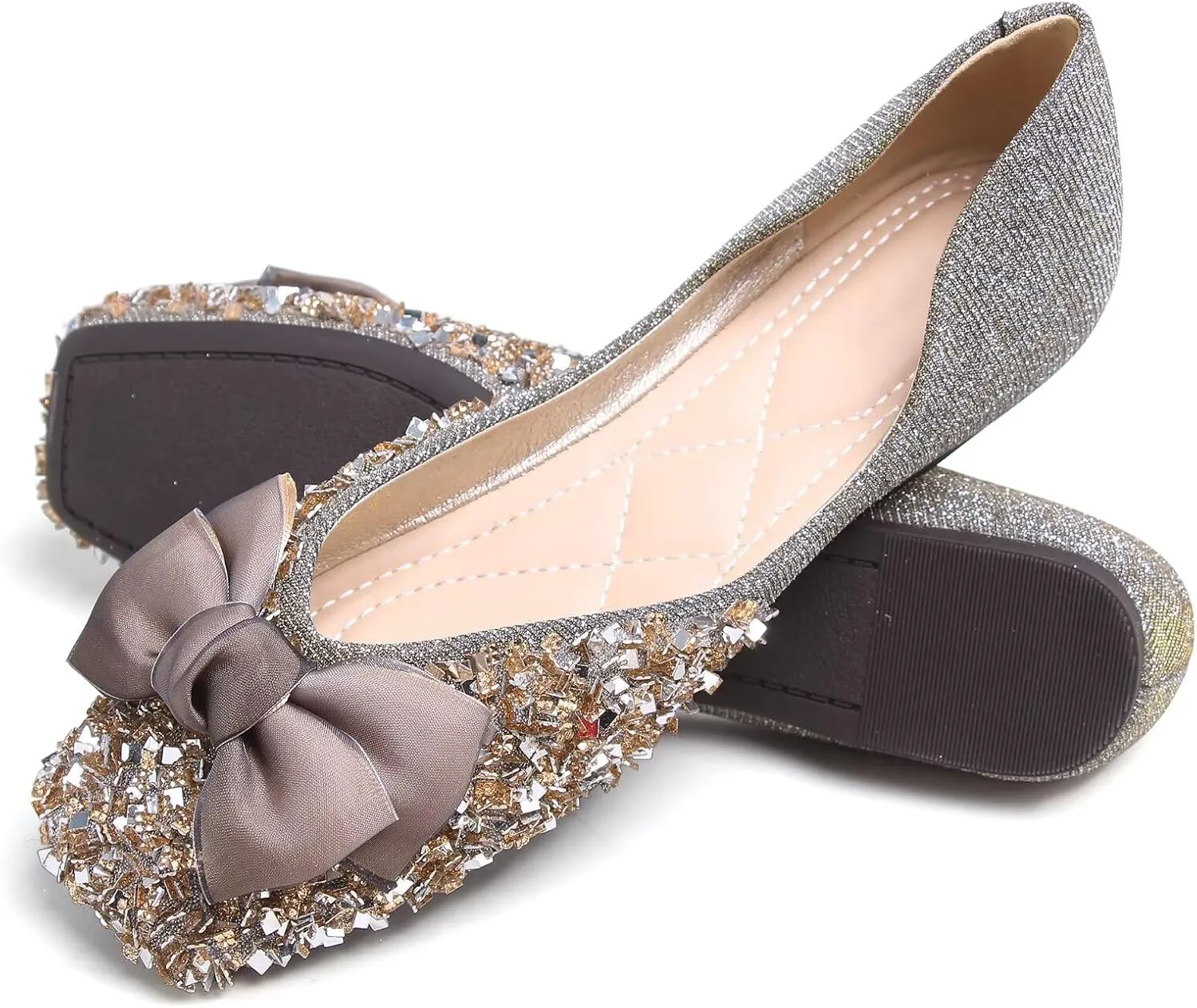 SAILING LU Square Toe Flats Shoes Rhinestoned Bowknots Ballet Flats for Women Studded Dress Shoes Comfort Light Weight Loafers