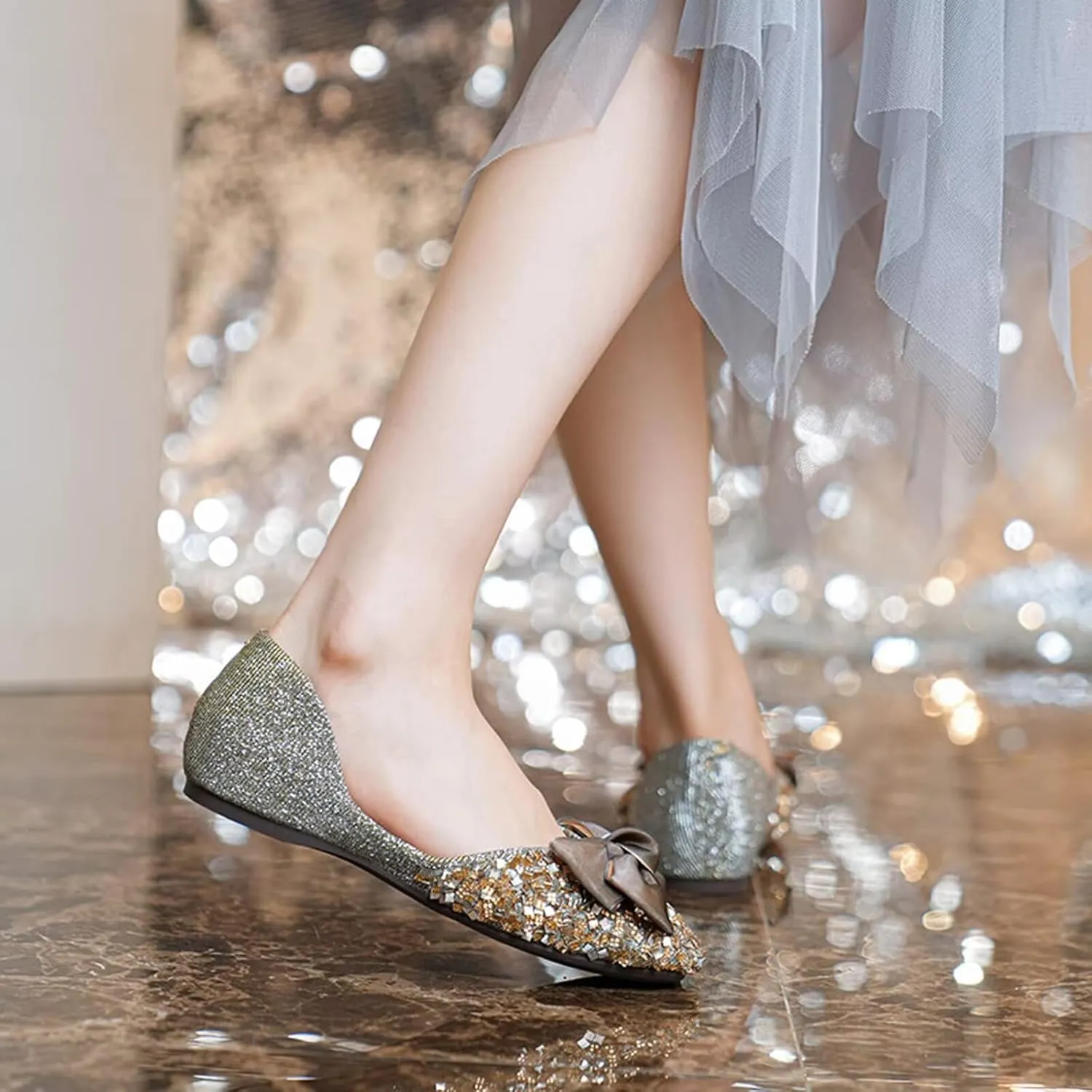 SAILING LU Square Toe Flats Shoes Rhinestoned Bowknots Ballet Flats for Women Studded Dress Shoes Comfort Light Weight Loafers