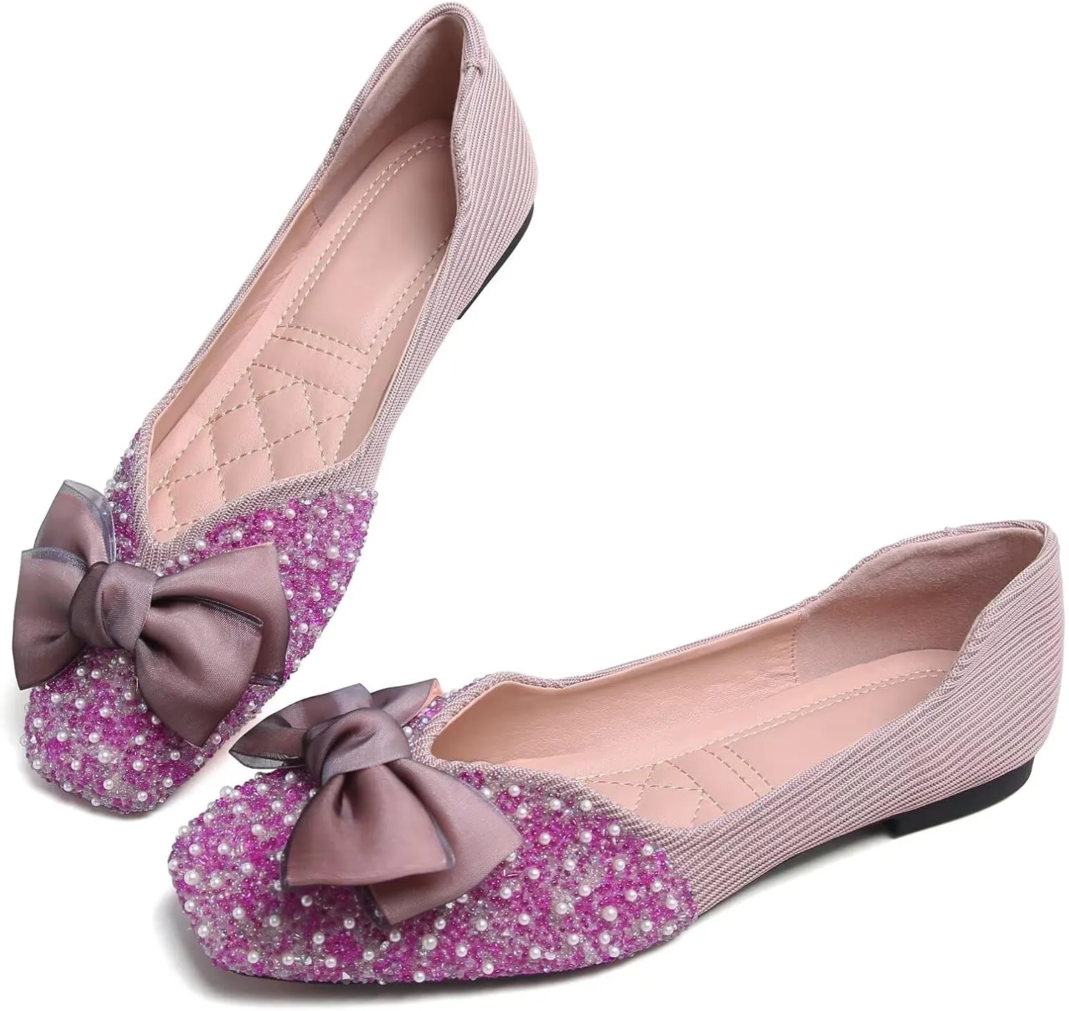 SAILING LU Square Toe Flats Shoes Rhinestoned Bowknots Ballet Flats for Women Studded Dress Shoes Comfort Light Weight Loafers