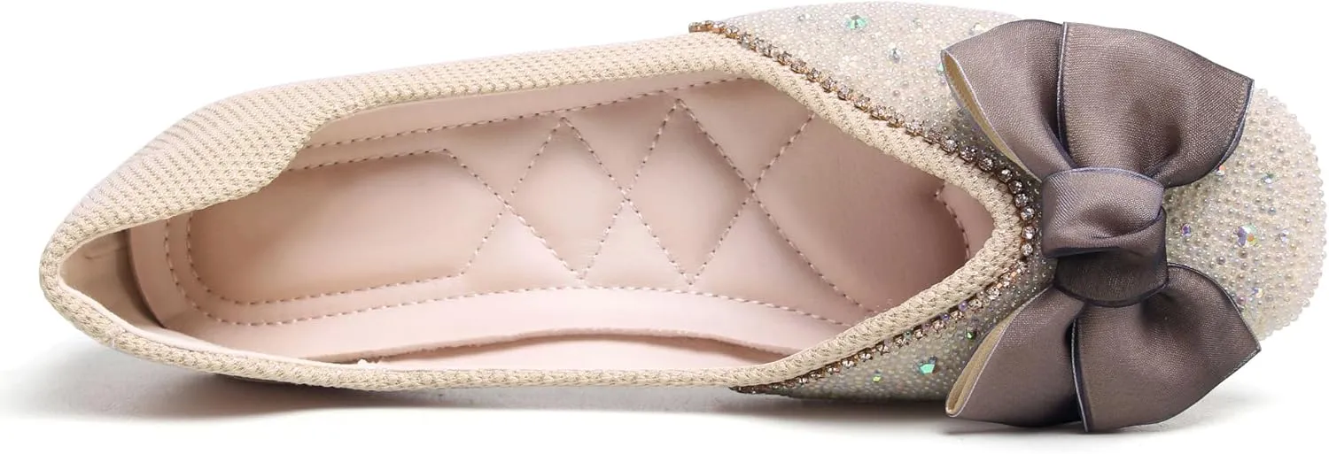 SAILING LU Square Toe Flats Shoes Rhinestoned Bowknots Ballet Flats for Women Studded Dress Shoes Comfort Light Weight Loafers