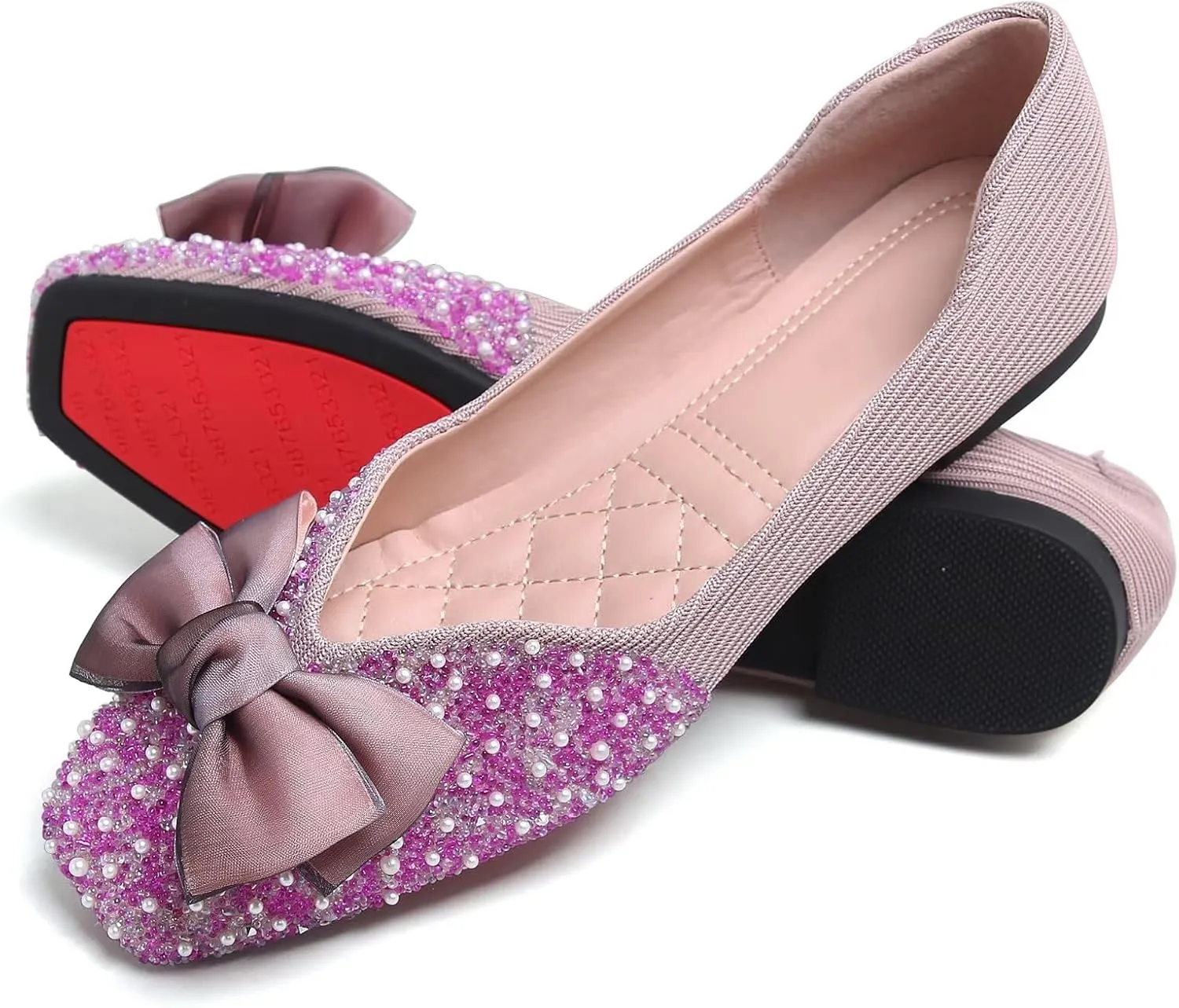 SAILING LU Square Toe Flats Shoes Rhinestoned Bowknots Ballet Flats for Women Studded Dress Shoes Comfort Light Weight Loafers