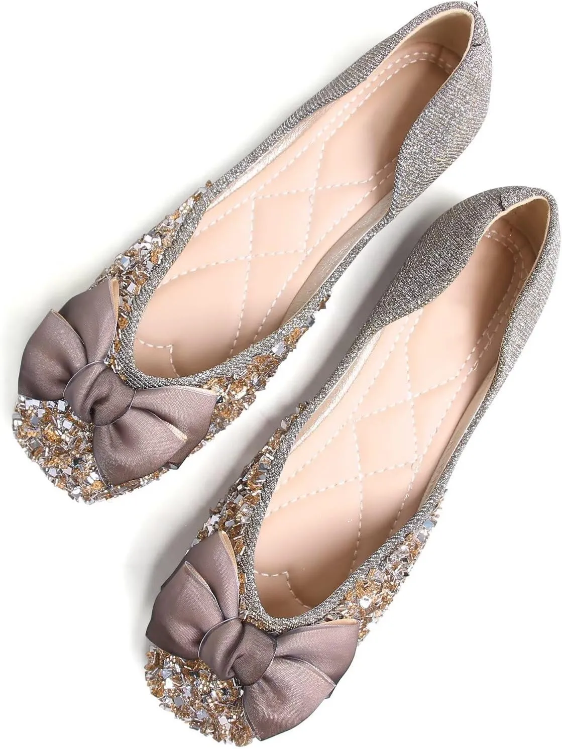 SAILING LU Square Toe Flats Shoes Rhinestoned Bowknots Ballet Flats for Women Studded Dress Shoes Comfort Light Weight Loafers