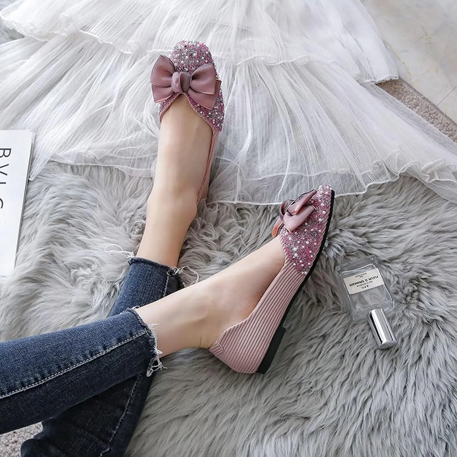 SAILING LU Square Toe Flats Shoes Rhinestoned Bowknots Ballet Flats for Women Studded Dress Shoes Comfort Light Weight Loafers