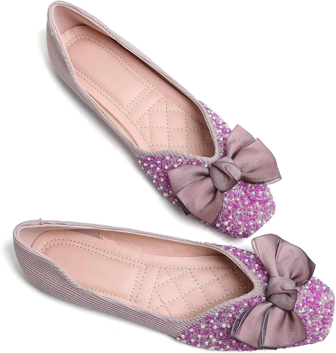 SAILING LU Square Toe Flats Shoes Rhinestoned Bowknots Ballet Flats for Women Studded Dress Shoes Comfort Light Weight Loafers