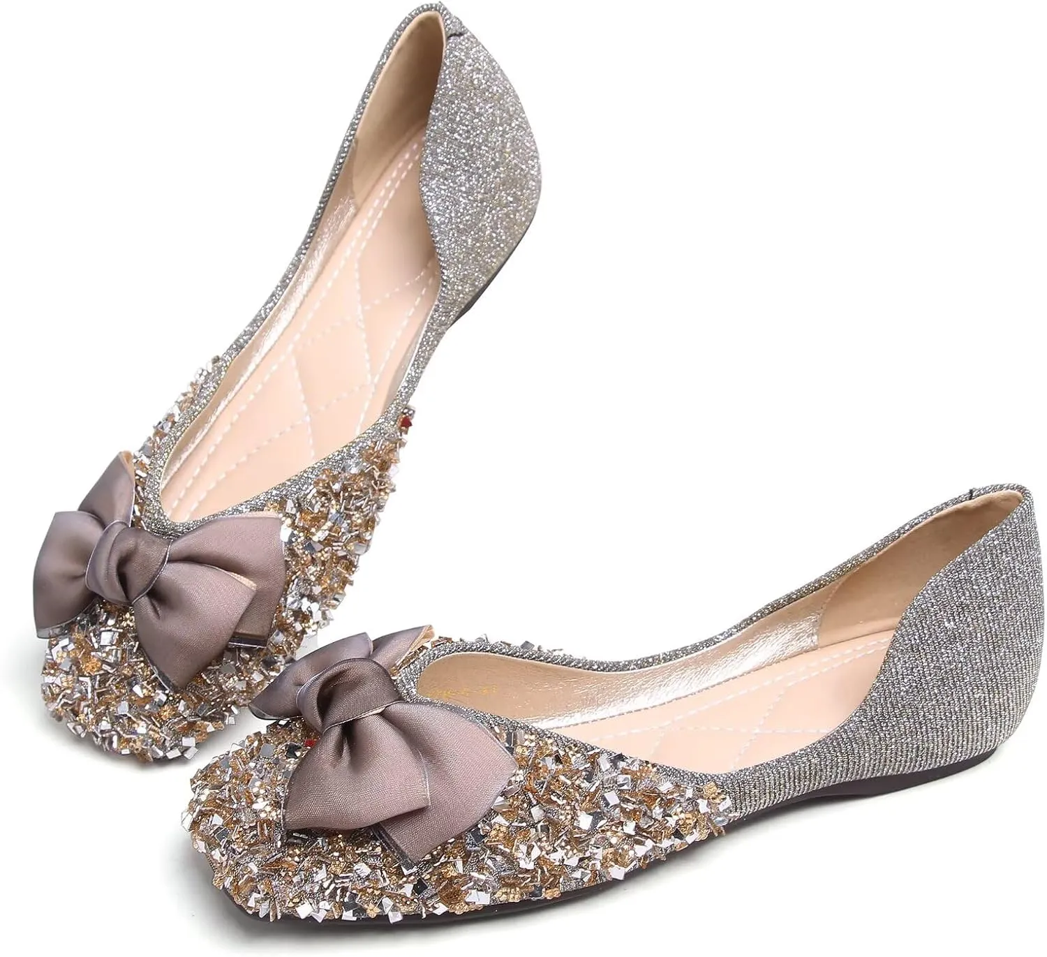 SAILING LU Square Toe Flats Shoes Rhinestoned Bowknots Ballet Flats for Women Studded Dress Shoes Comfort Light Weight Loafers
