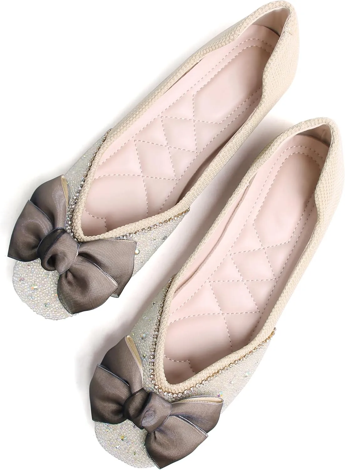 SAILING LU Square Toe Flats Shoes Rhinestoned Bowknots Ballet Flats for Women Studded Dress Shoes Comfort Light Weight Loafers
