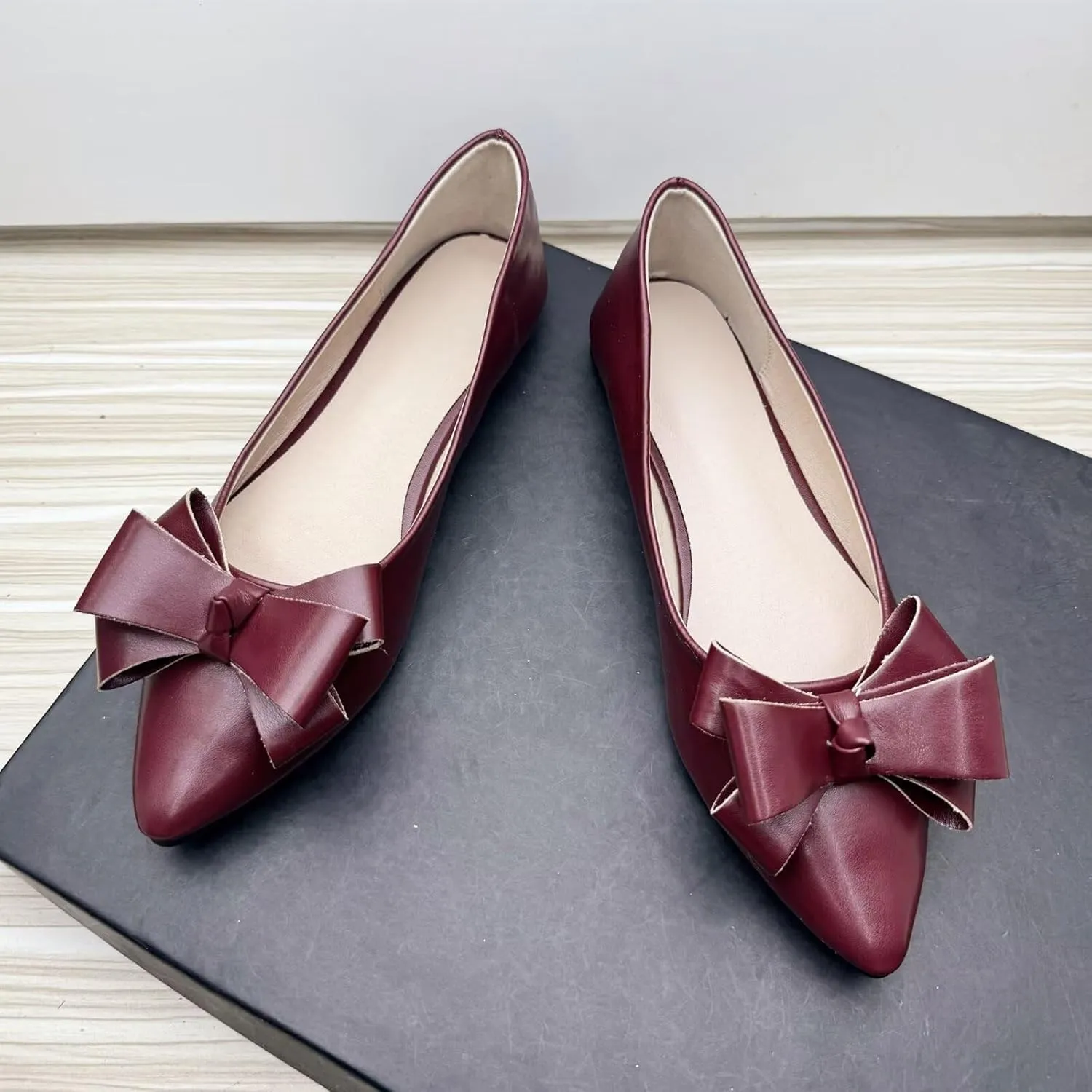 SAILING LU Womens Pointed Toe Ballet Flats Cute Bow-Knot Comfortable Loafers Formal Business Suede Slip On Dressy Walking Shoes
