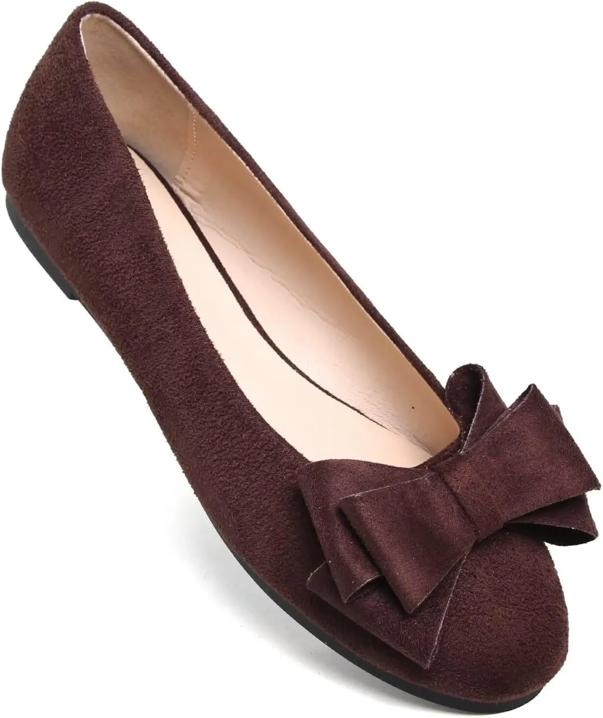 SAILING LU Women's Round Toe Ballerina Shoes Cute Bow Flats Comfortable Soft Suede Slip-ons Solid Color Office Lady Walking Loafers