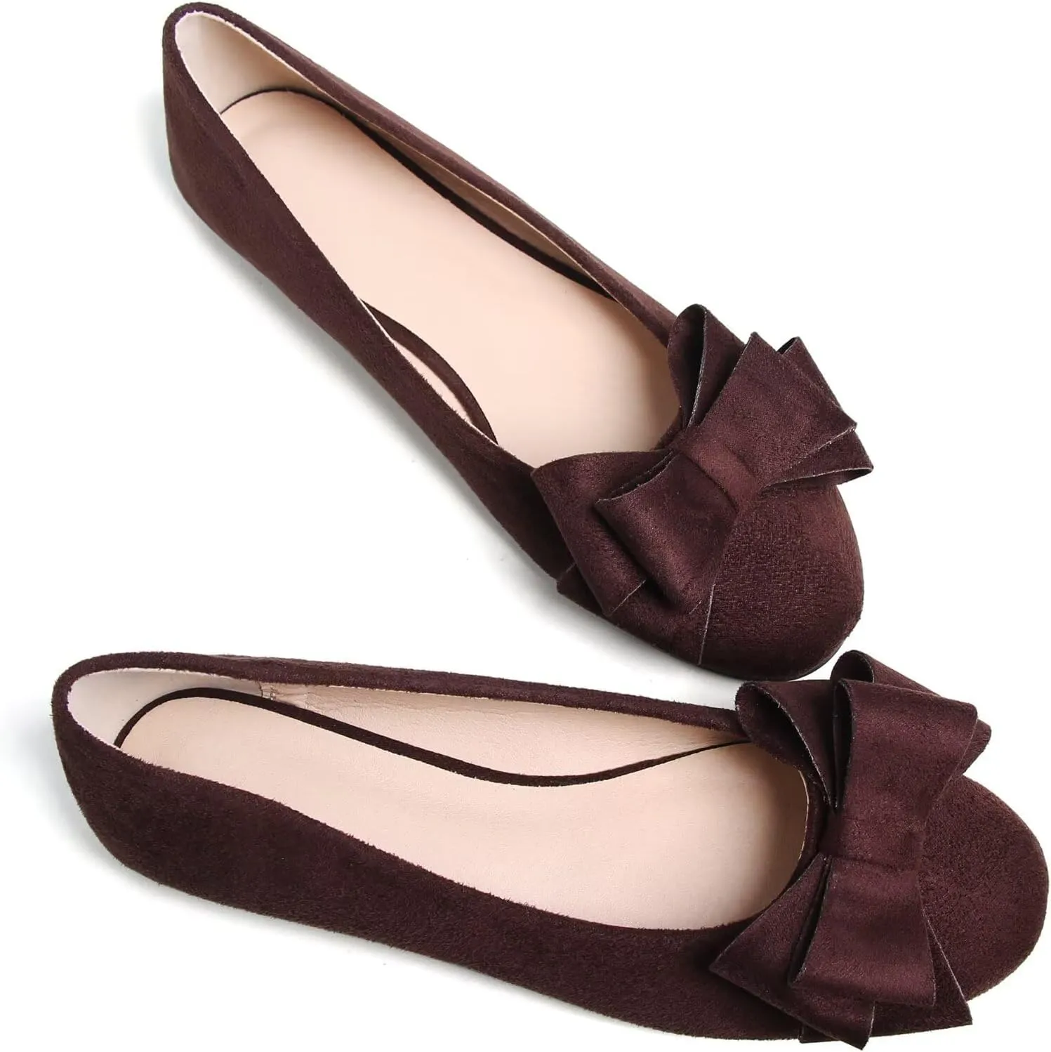 SAILING LU Women's Round Toe Ballerina Shoes Cute Bow Flats Comfortable Soft Suede Slip-ons Solid Color Office Lady Walking Loafers