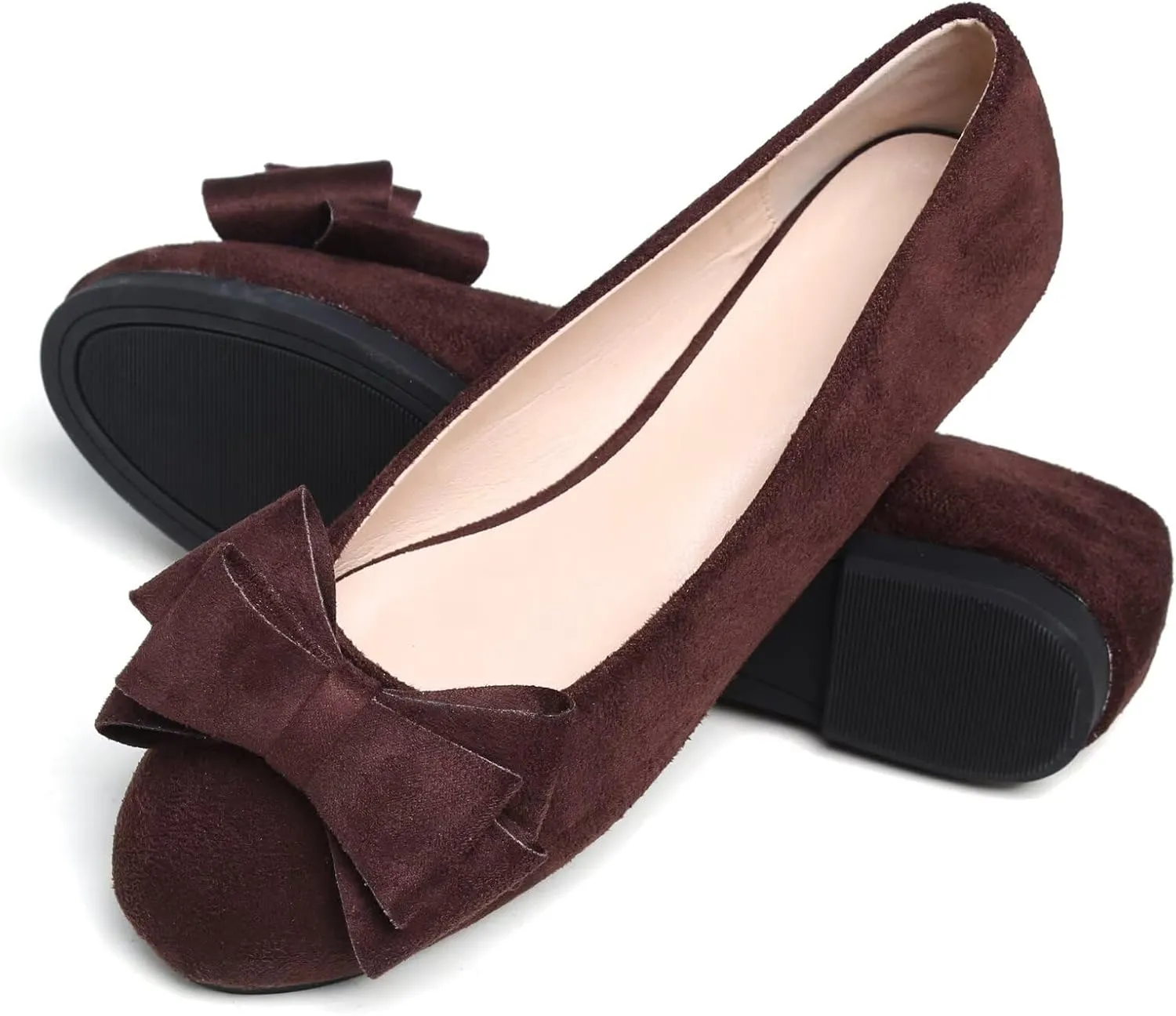 SAILING LU Women's Round Toe Ballerina Shoes Cute Bow Flats Comfortable Soft Suede Slip-ons Solid Color Office Lady Walking Loafers