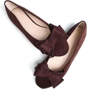 SAILING LU Women's Round Toe Ballerina Shoes Cute Bow Flats Comfortable Soft Suede Slip-ons Solid Color Office Lady Walking Loafers
