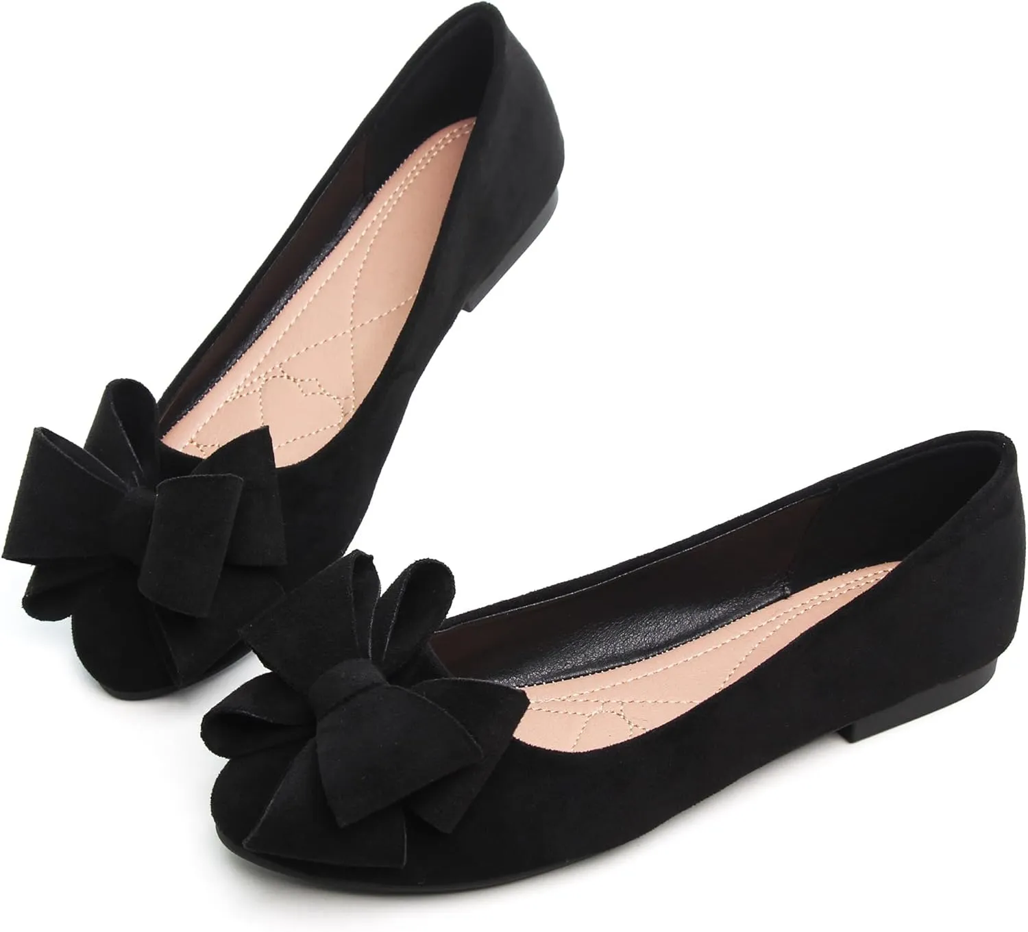 SAILING LU Womens Round Toe Ballerina Shoes Cute Bow Flats Soft Suede Comfortable Slip-ons Solid Color Office Lady Walking Shoes