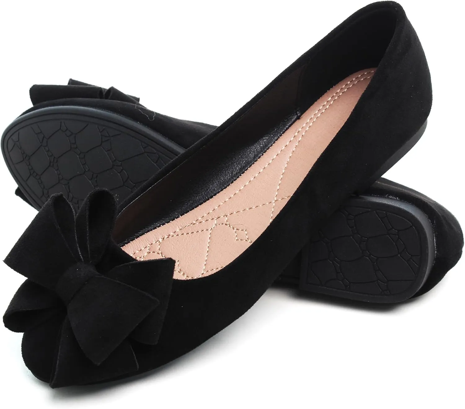 SAILING LU Womens Round Toe Ballerina Shoes Cute Bow Flats Soft Suede Comfortable Slip-ons Solid Color Office Lady Walking Shoes