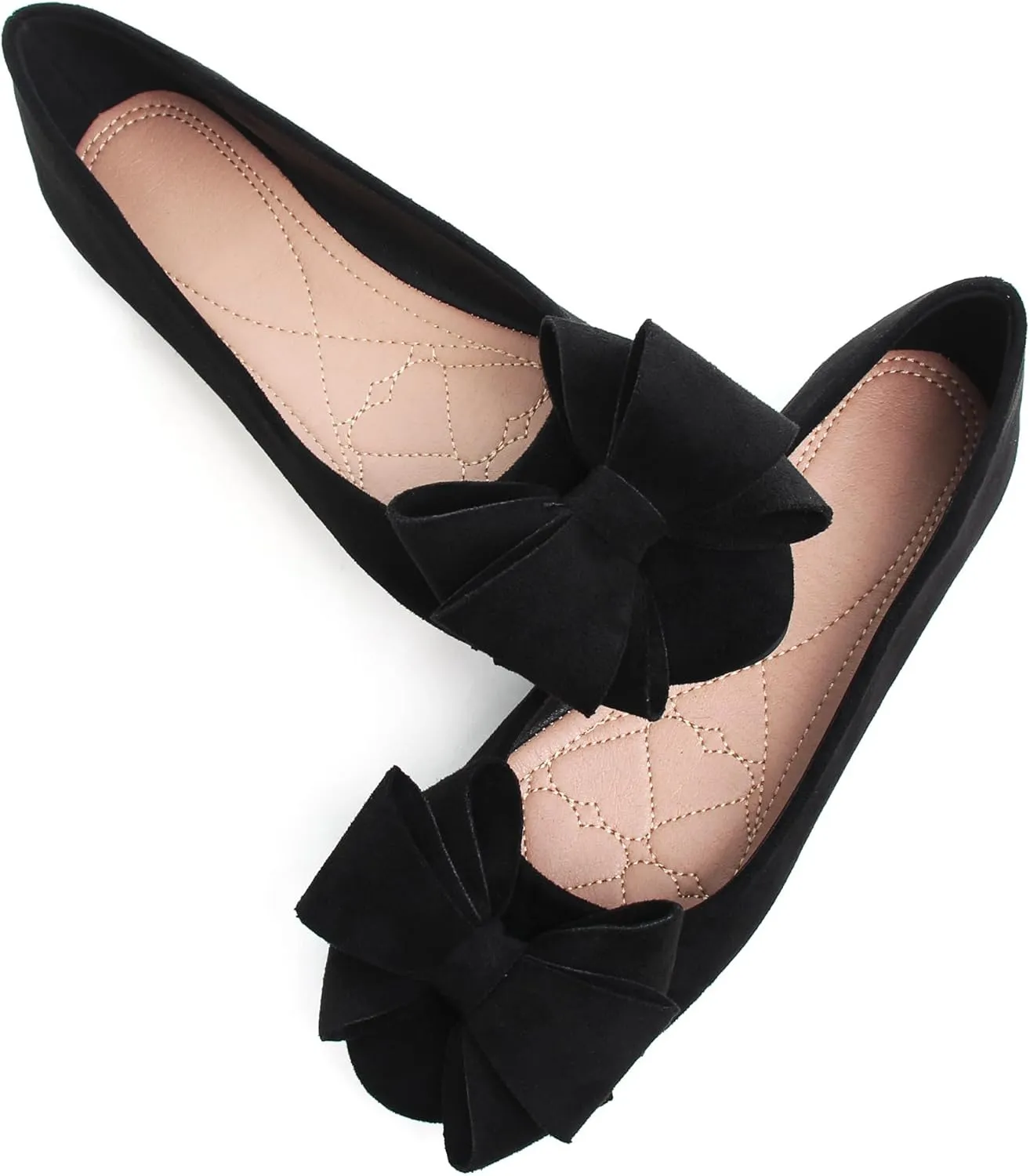 SAILING LU Womens Round Toe Ballerina Shoes Cute Bow Flats Soft Suede Comfortable Slip-ons Solid Color Office Lady Walking Shoes