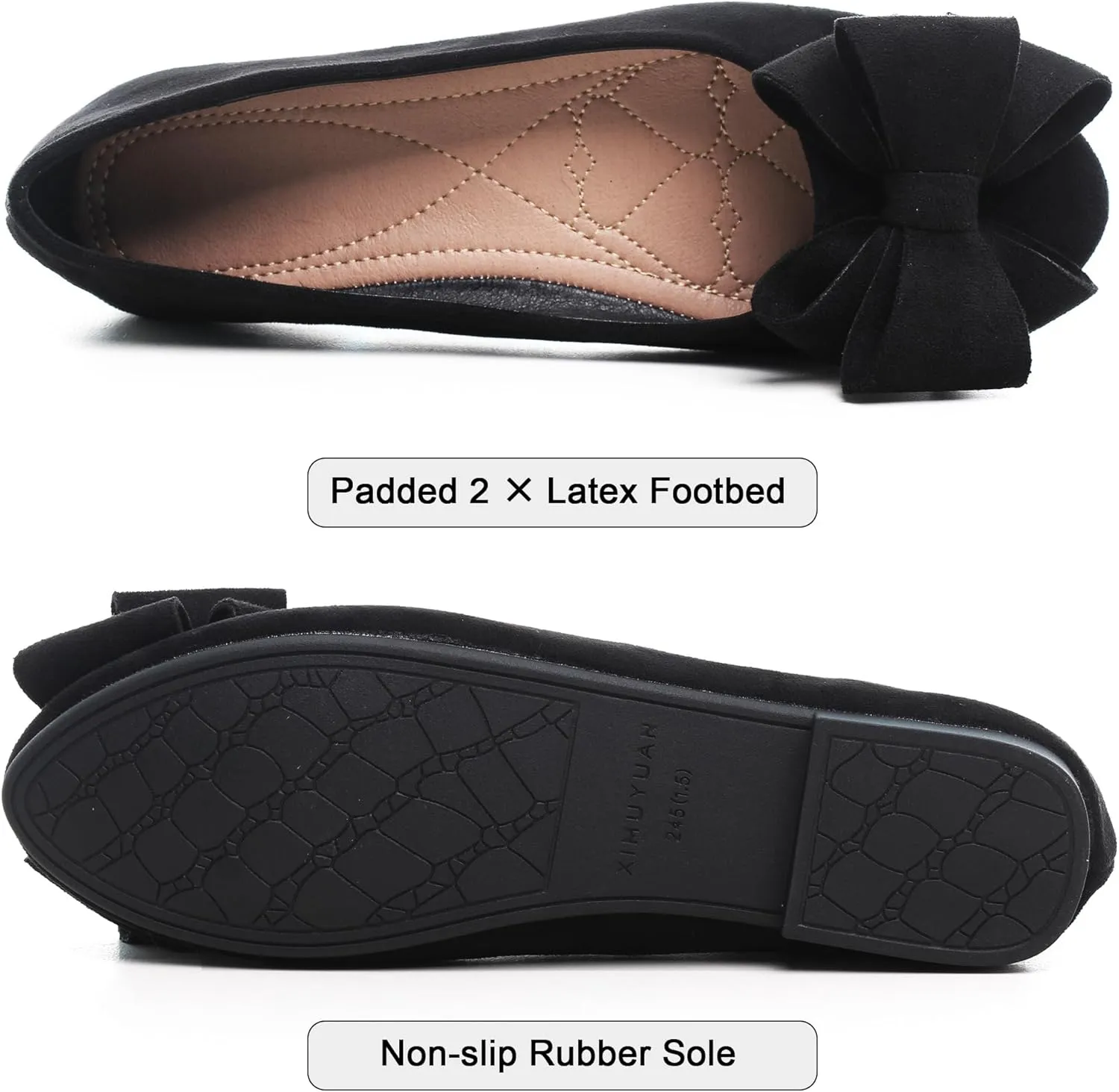SAILING LU Womens Round Toe Ballerina Shoes Cute Bow Flats Soft Suede Comfortable Slip-ons Solid Color Office Lady Walking Shoes