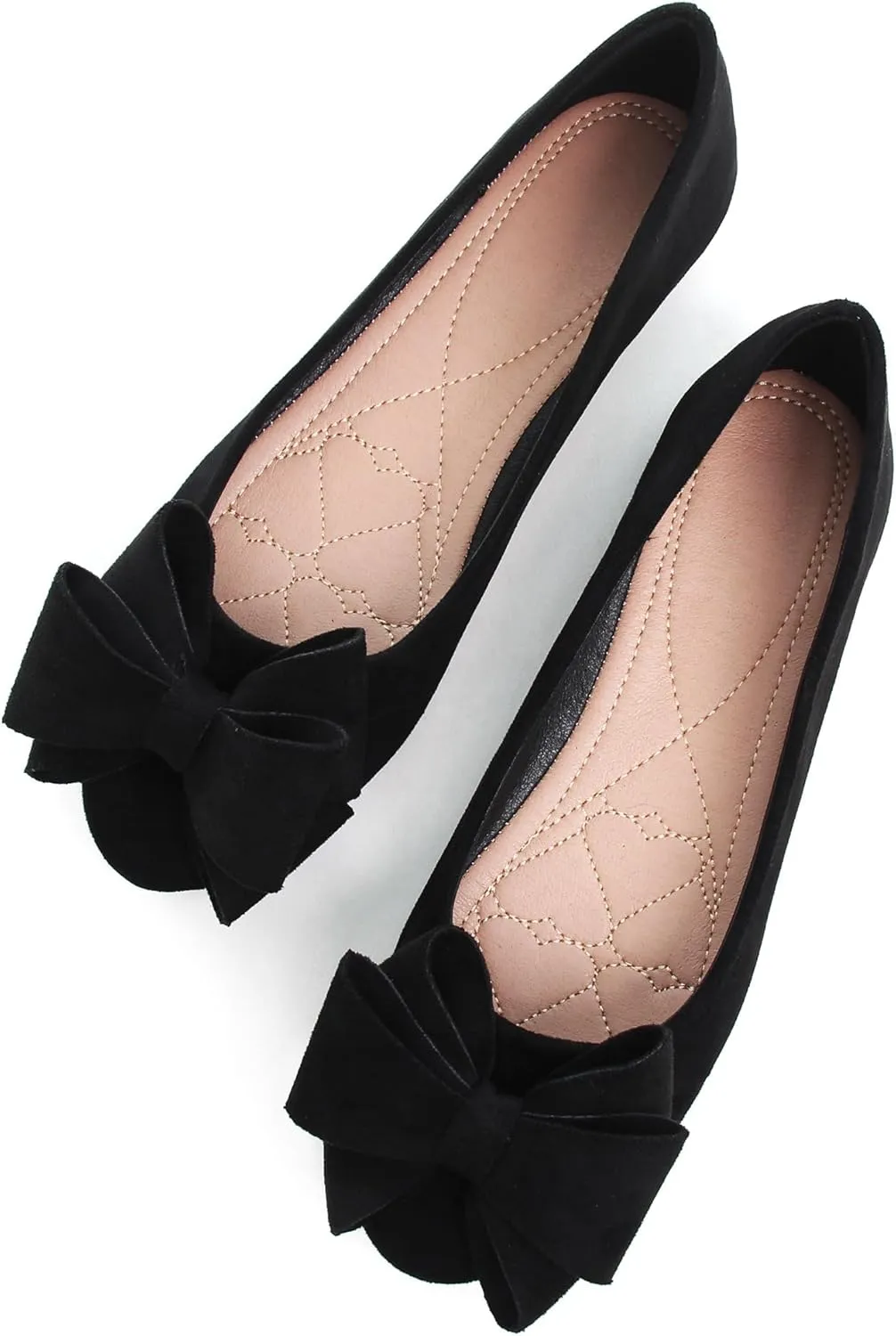 SAILING LU Womens Round Toe Ballerina Shoes Cute Bow Flats Soft Suede Comfortable Slip-ons Solid Color Office Lady Walking Shoes