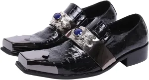 Santimon Mens Dress Loafers Metal-Strapped Genuine Leather Sapphire Decor Hard Square Tip Business Evening Party Wedding Shoes