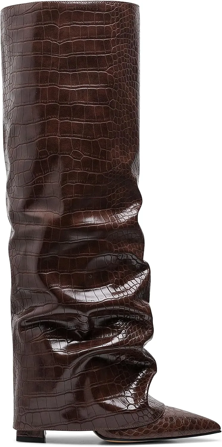 SaraIris Women's Slouchy Knee High Boots - Black, Pointed Toe, Fold Over, Chunky, Shark Boots