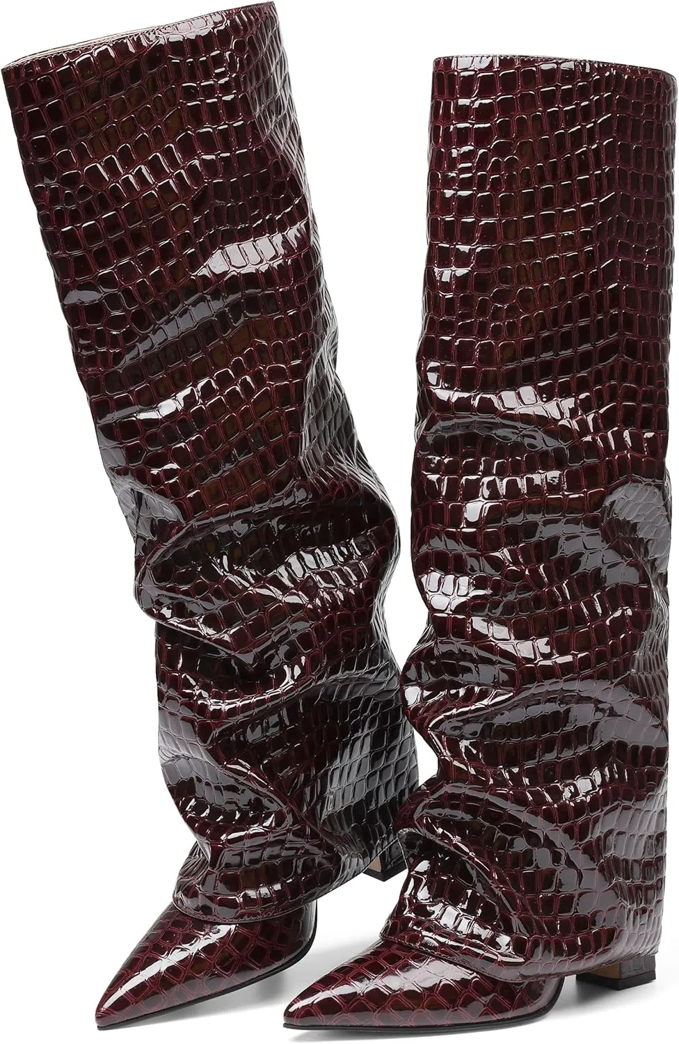 SaraIris Women's Slouchy Knee High Boots - Black, Pointed Toe, Fold Over, Chunky, Shark Boots