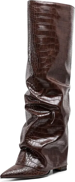 SaraIris Women's Slouchy Knee High Boots - Black, Pointed Toe, Fold Over, Chunky, Shark Boots