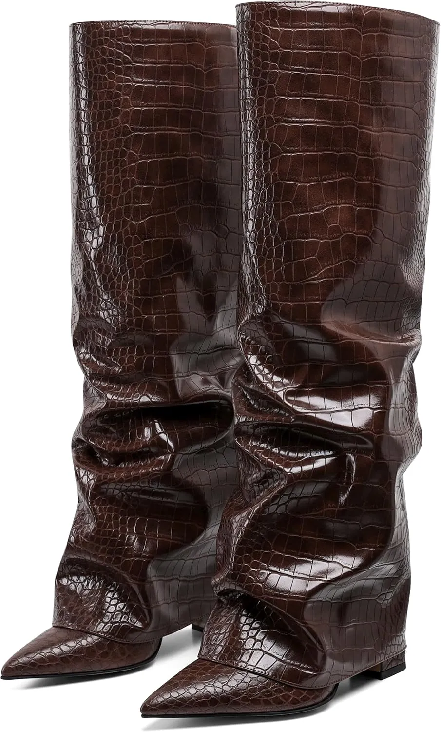 SaraIris Women's Slouchy Knee High Boots - Black, Pointed Toe, Fold Over, Chunky, Shark Boots