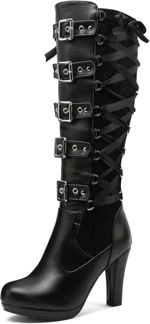 SaraIris Women's Vintage Boots Chunky High Heel Platform Knee High Boots Buckle Lace Goth Punk Knight Boots Over the Knee Boots Thigh High Boots for Women