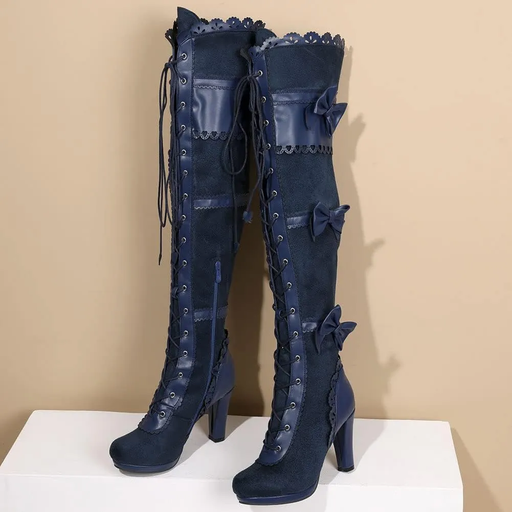SaraIris Women's Vintage Boots Chunky High Heel Platform Knee High Boots Buckle Lace Goth Punk Knight Boots Over the Knee Boots Thigh High Boots for Women