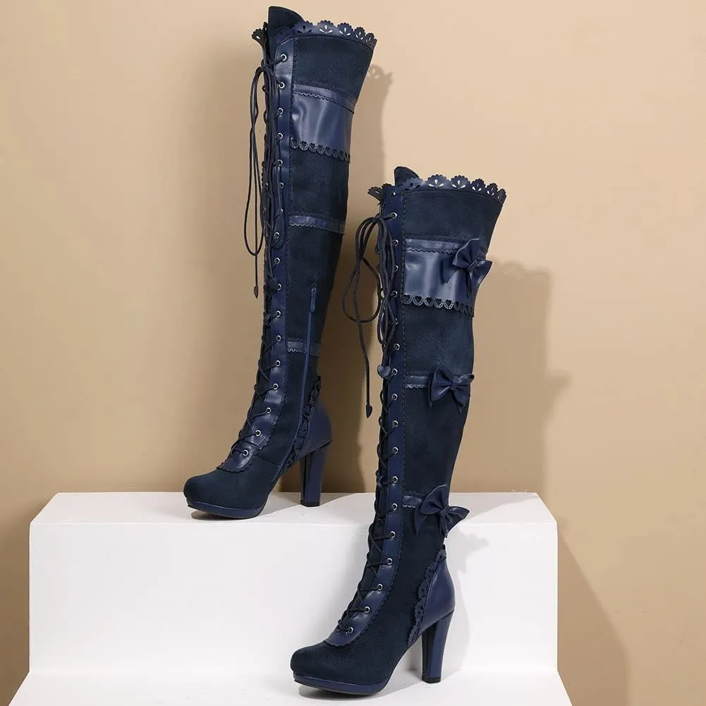 SaraIris Women's Vintage Boots Chunky High Heel Platform Knee High Boots Buckle Lace Goth Punk Knight Boots Over the Knee Boots Thigh High Boots for Women