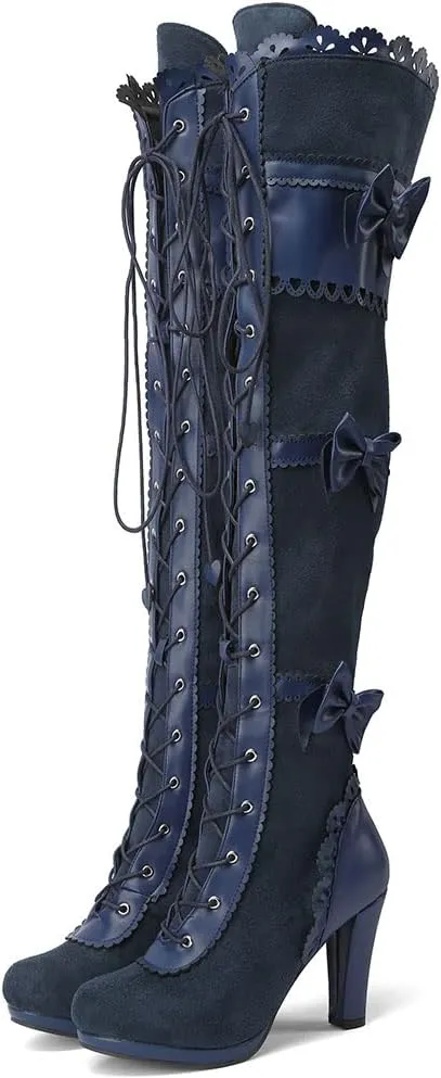 SaraIris Women's Vintage Boots Chunky High Heel Platform Knee High Boots Buckle Lace Goth Punk Knight Boots Over the Knee Boots Thigh High Boots for Women