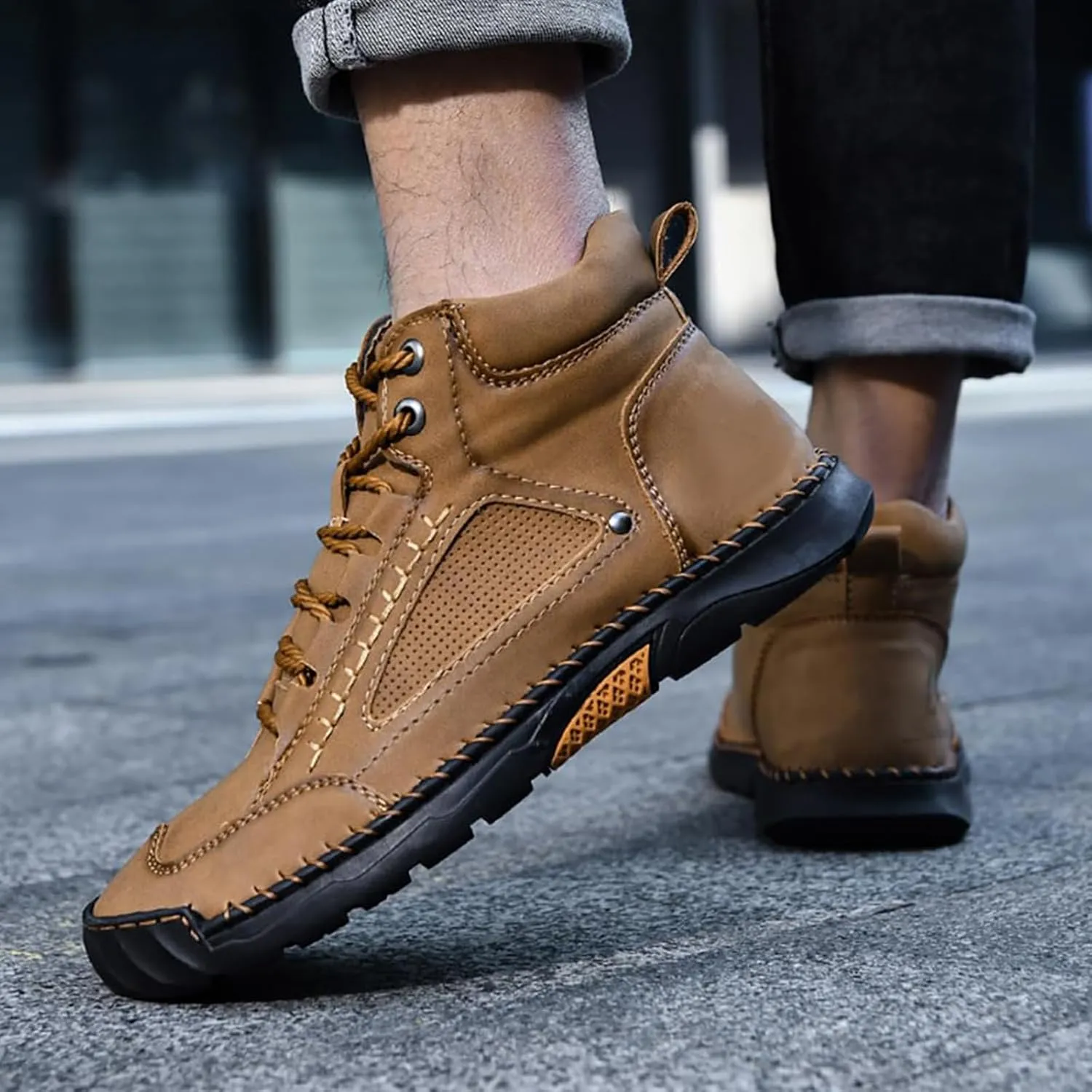 Saw Behind Boots, Sawbehind Leather Boots Mens, Wide Men's Comfortable Handmade Leather Boot, Waterproof Non-Slip Arch Support Sneakers