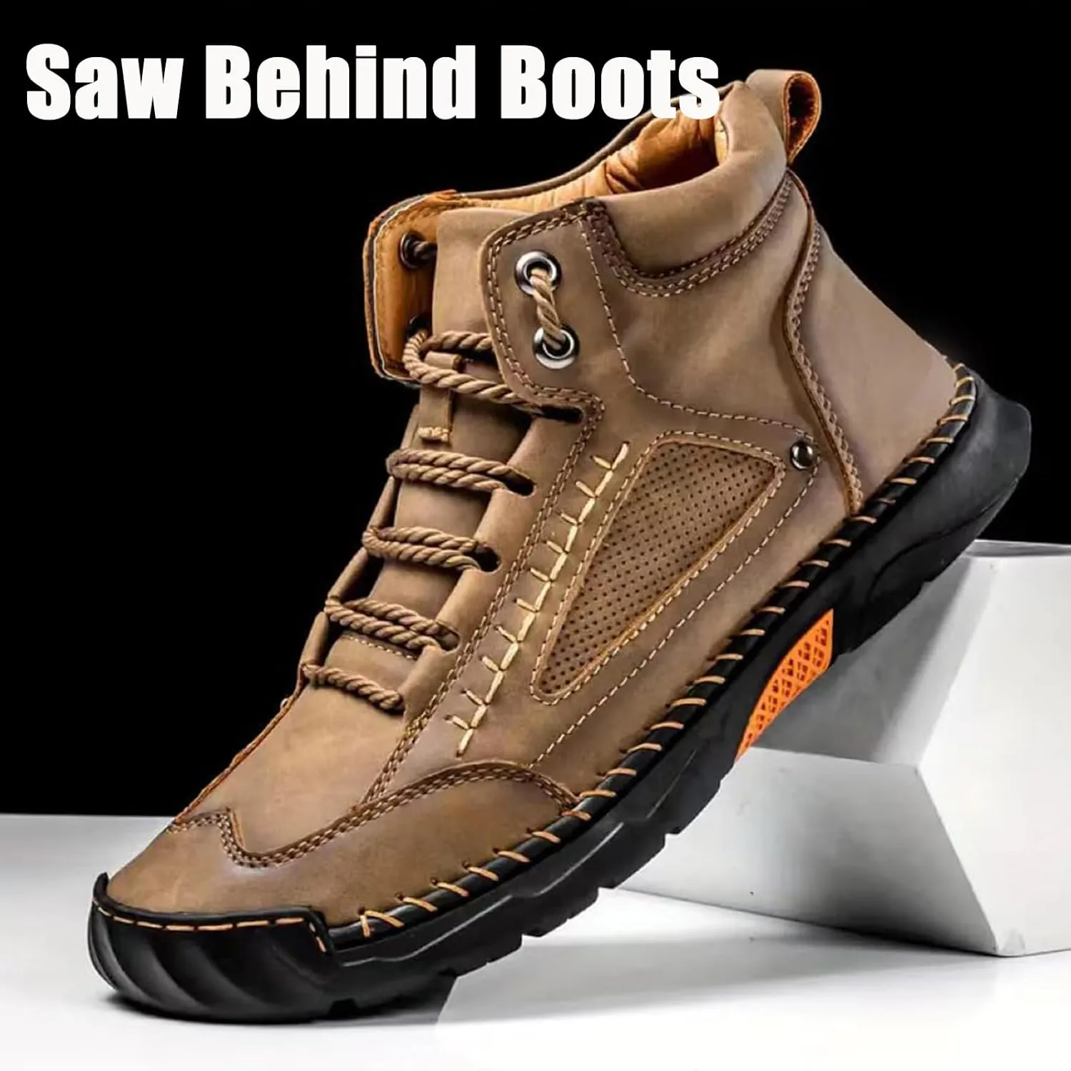 Saw Behind Boots, Sawbehind Leather Boots Mens, Wide Men's Comfortable Handmade Leather Boot, Waterproof Non-Slip Arch Support Sneakers