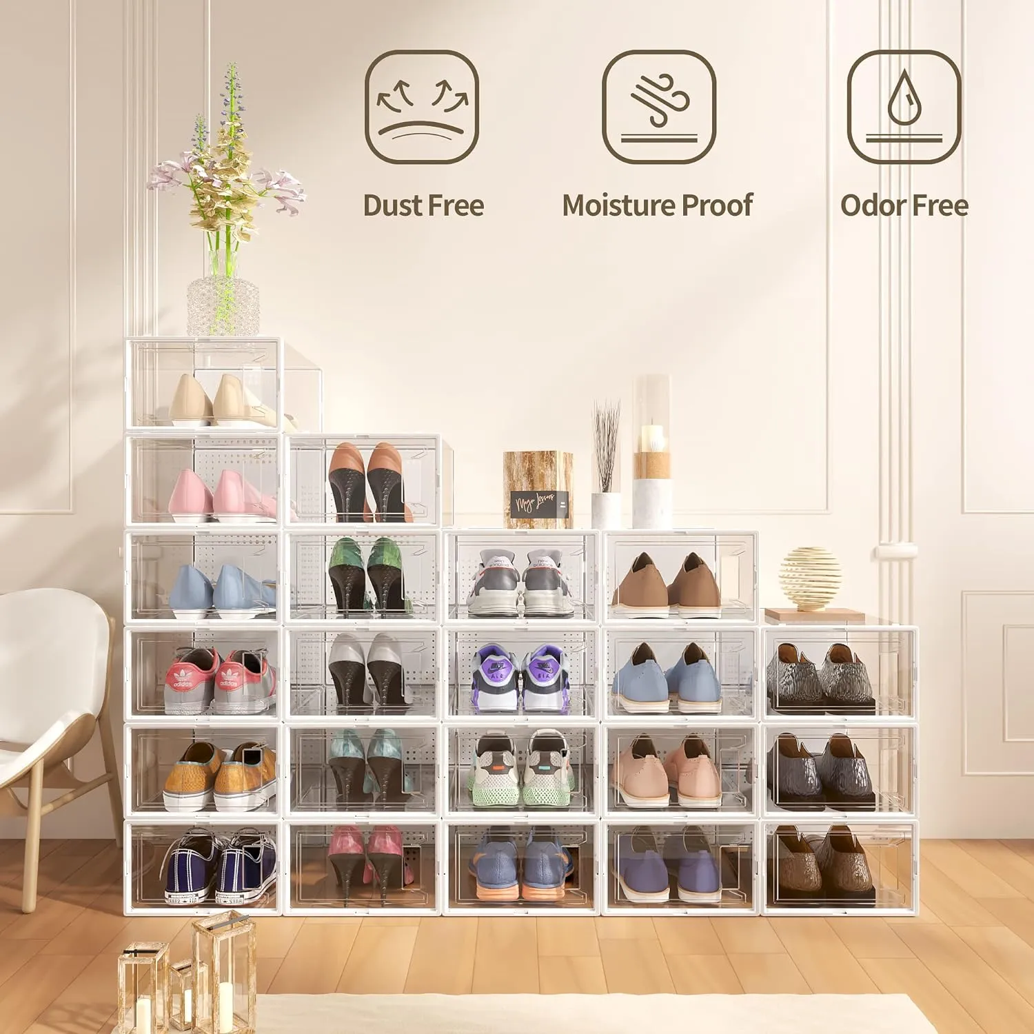 Secret Space 12 Pack Large Shoe Organizer Storage Boxes for Closet, Modular Space Saving Shoe Boxes Clear Plastic Stackable Sneaker Containers Display Case with Lids, White02