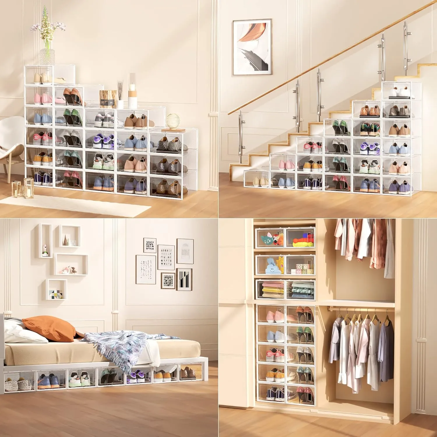 Secret Space Large Shoe Organizer Storage Boxes for Closet, Modular Space Saving Shoe Boxes Clear Plastic Stackable Sneaker Containers Display Case with Lids, White (15 Pack)
